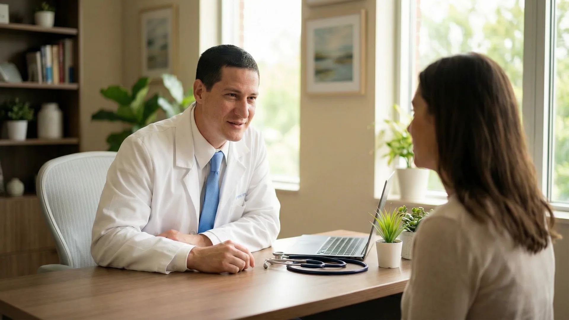 Dr. Devin Namaky consulting with a patient in a warm, modern medical office in Cincinnati