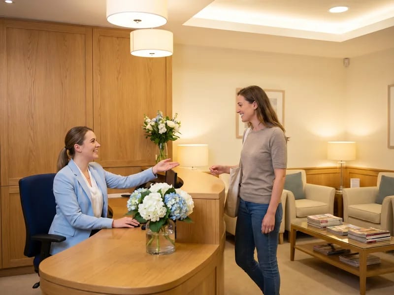 Friendly receptionist greeting a patient at the practice front desk